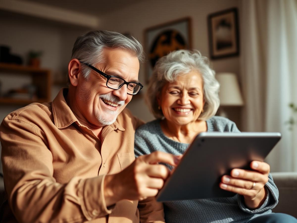 Casal de aposentados feliz revendo documentos